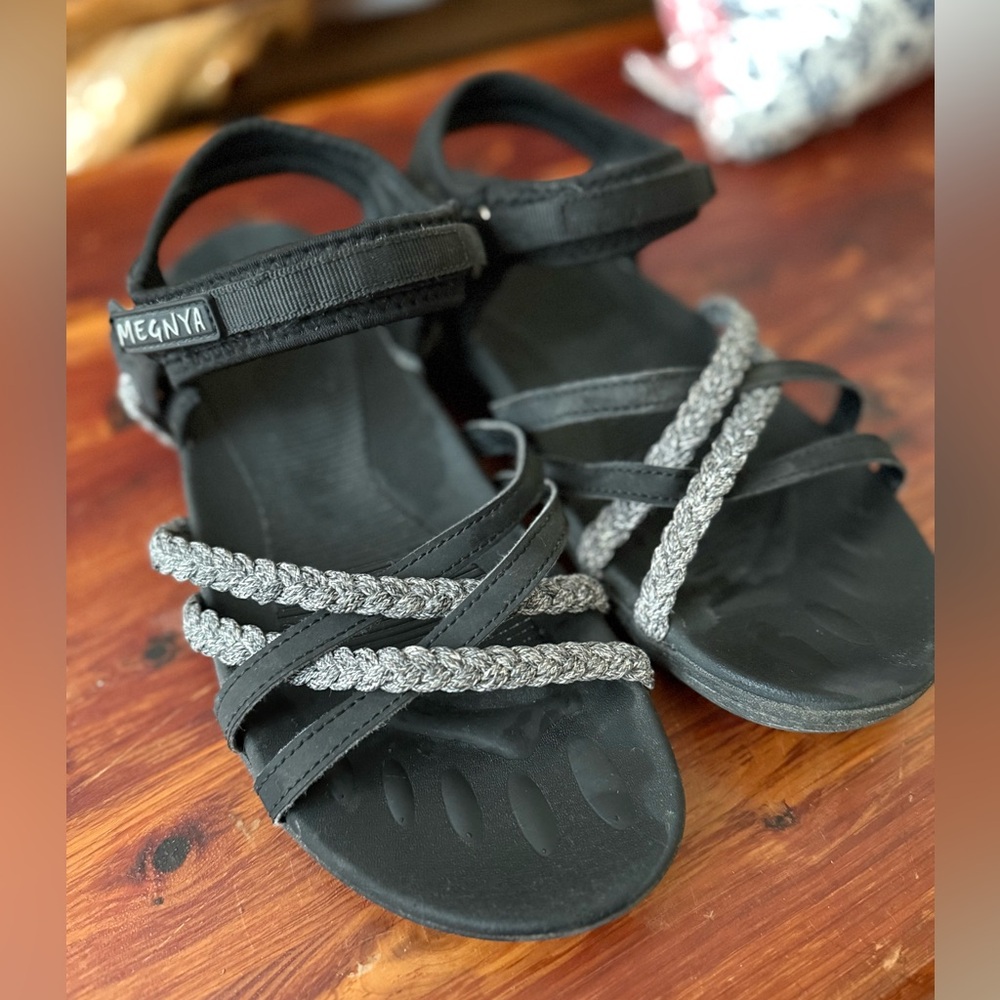 MEGNYA Black Sandals with Silver Braided Straps